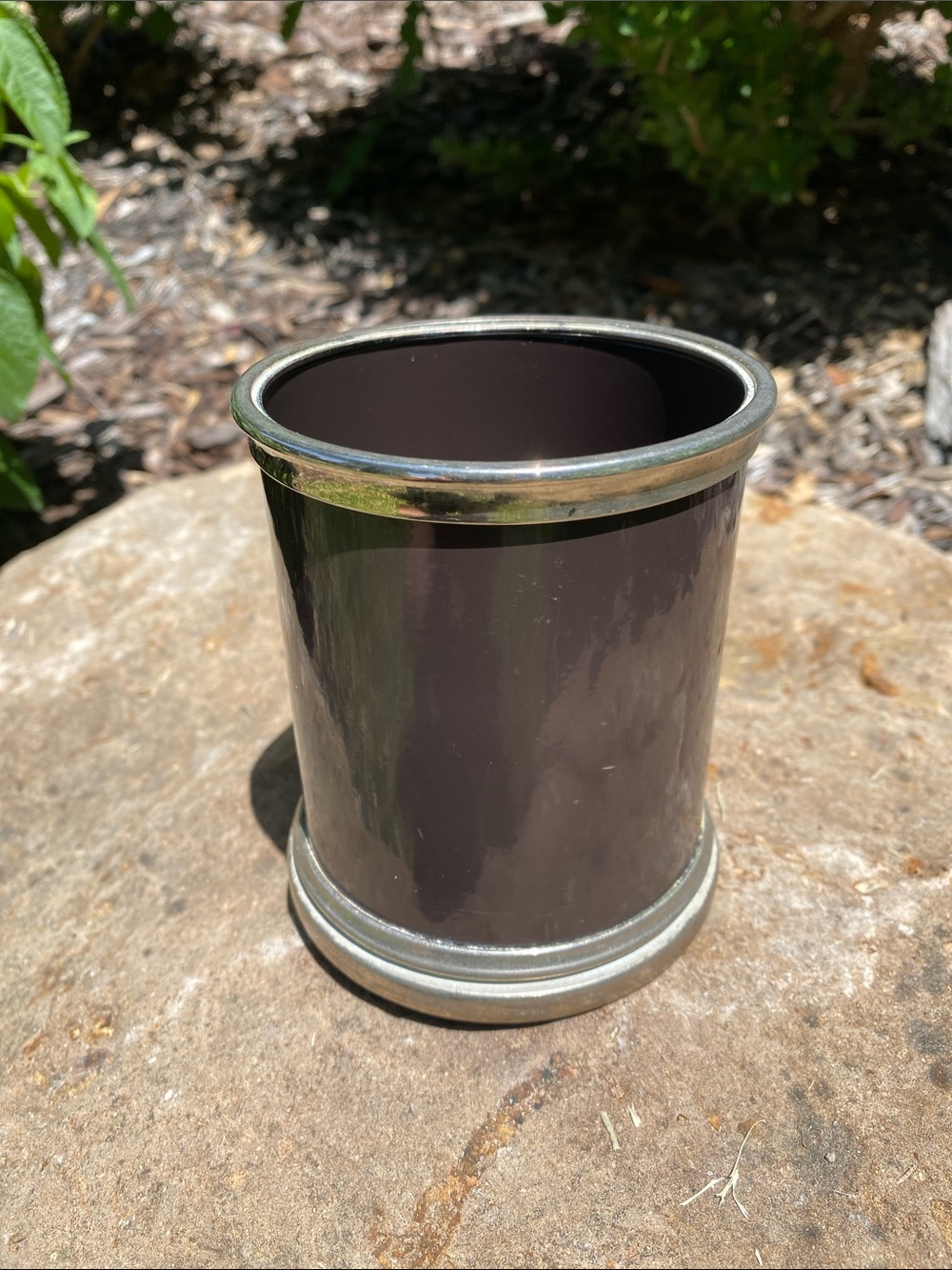 Classic Dark Brown Metal Decorative Holder with Silver Trim 4” high